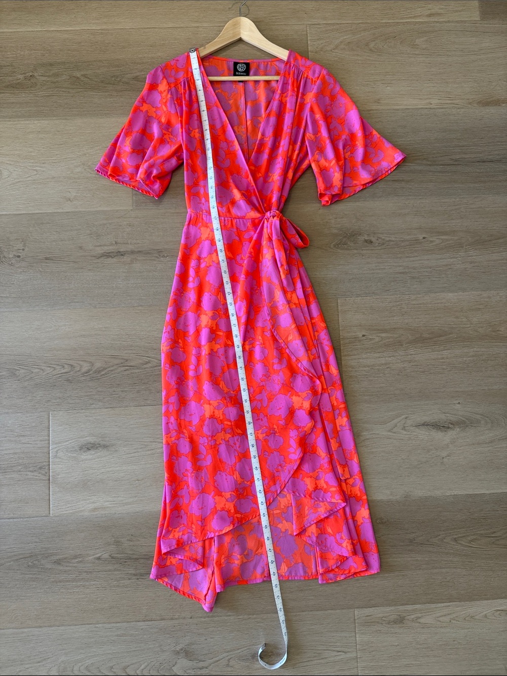 bobeau Neon Orange and Fuchsia Floral Wrap Midi Dress